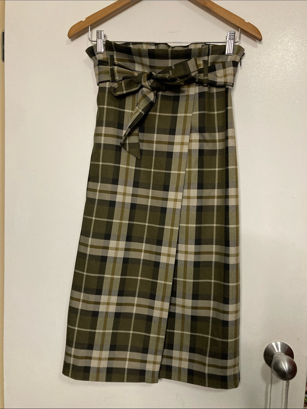 H&M Olive and Cream Plaid Midi Skirt with Paperbag Waist